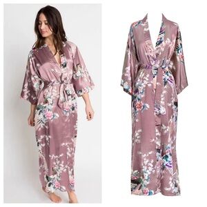 Kim + Ono Satin Charmeuse Cherry Blossom Rose Mauve Long Dressing Robe Kimono